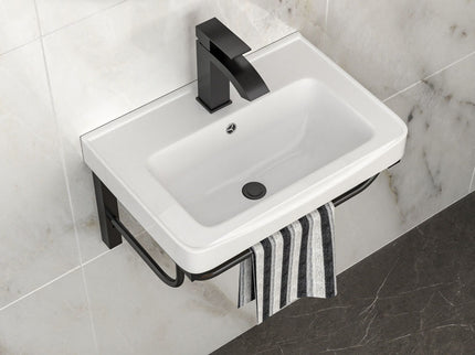 Wall Mounted Rectangular Bathroom Sink With 304 Stainless Steel Towel Bar & Overflow - White