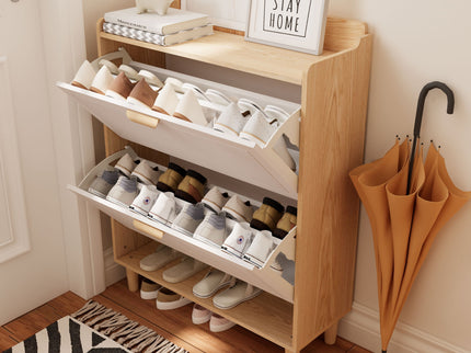Shoe Storage Cabinet With 2 Flip Drawers, Compact Entryway Organizer - Natural / White