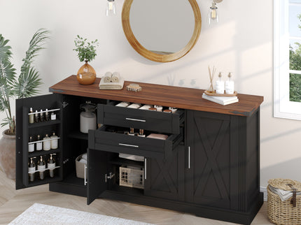 Barn Door Storage Cabinet With 2 Drawers & Door Rack, Adjustable Shelves