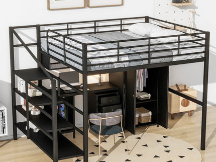 Full Size Loft Bed With Desk Set And Wardrobe - Black