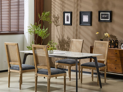 French Country Dining Chair With Rectangular Cane Backrest And Smooth Upholstered Seating