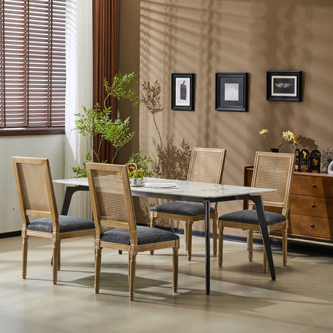 French Country Dining Chair With Rectangular Cane Backrest And Smooth Upholstered Seating