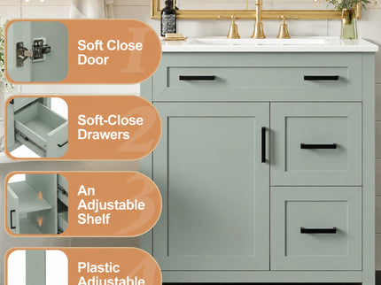 Bathroom Vanity With Sink, 2 Soft Close Drawers, 1 Soft Close Door, Adjustable Shelf