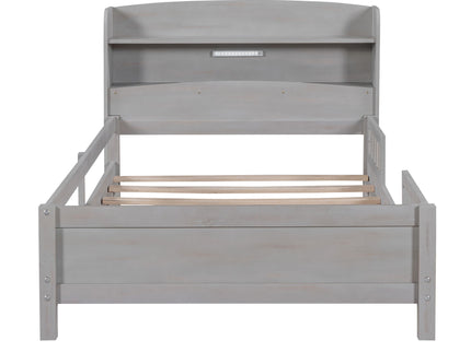 Wood Platform Bed With Built In LED Light, Storage Headboard And Guardrail