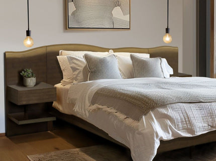Queen Size Platform Bed Frame With Live Edge Headboard, Built In Nightstands - Dark Brown