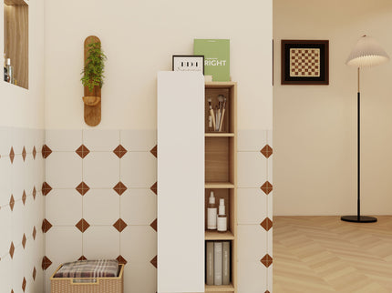 Tall Freestanding Bathroom Side Cabinet With Single Door & 4 Tier Open Shelves - Black / Light Oak / White
