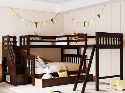 Solid L Shaped Bunk Bed With 3 Drawers, Ladder And Staircase