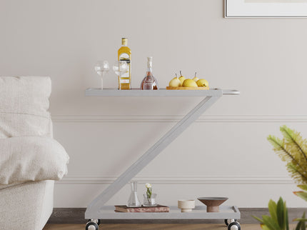 Modern Z Shaped Bar Cart With Tempered Glass Shelves - Silver