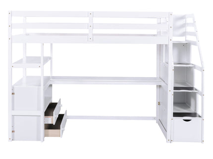 Loft Bed With Desk, Shelves, 2 Drawers, Storage Staircase