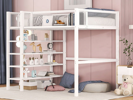 Loft Bed With 4 Tier Shelves And Storage