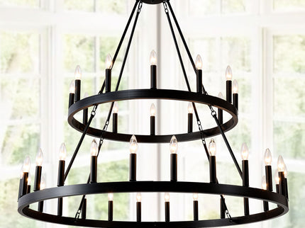 2 Tiers Wagon Wheel Chandelier Wooden Farmhouse 36 Light (24 / 12) Or (12 / 24) Metal Chandeliers 2 Story Light Fixtures Industrial For High Ceiling Living Dining Room Foyer, Adjustable Height - Black