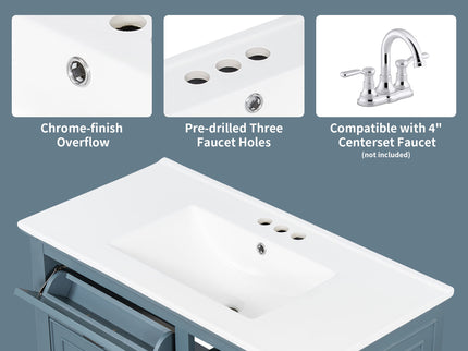 Modern Bathroom Vanity With Sink Top, Flip Drawers, Adjustable Shelf