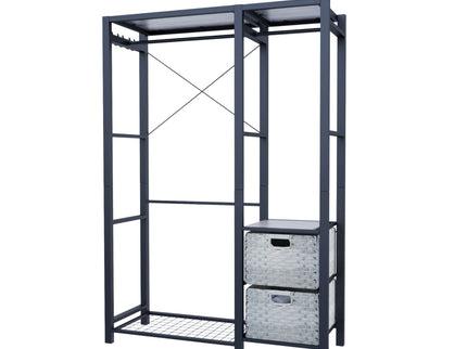 Garment Rack With Shelves, 2 Wicker Drawers, 4 Hooks, Organizer