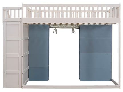 Full Size Loft Bed With 2 Four Layer Storage Cabinets And Curtain With Built In Staircase And Privacy Curtain - White