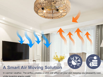 22" Caged Ceiling Fan With DC Motor, 6 Speeds Remote Control For Living Room - Rattan