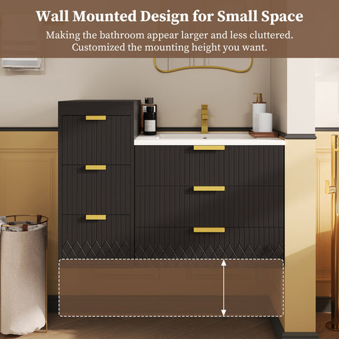 Wall Mounted Floating Cabinet With Side Cabinet Combo, Rectangular Ceramic Sink Vanity