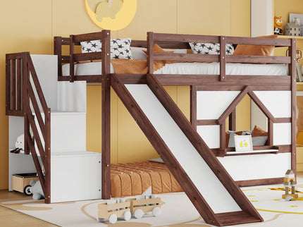 Loft Bed With Storage Stairs, Slide, Playhouse Window And 7 Colors LED Lights