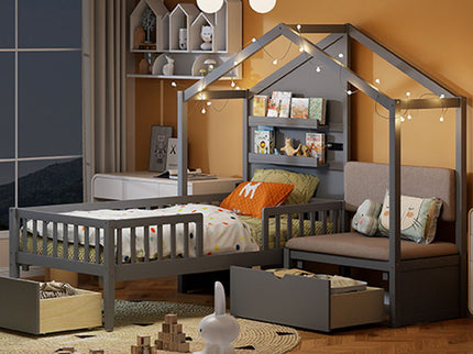 House Bed With Upholstered Sofa, Wireless Charging Station, Shelves And 2 Drawers