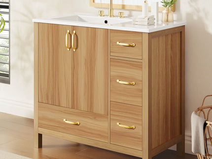 36" Bathroom Vanity, 2 Soft Close Doors, 4 Soft Close Drawers, Adjustable Shelf, Storage Cabinet - Acacia Wood