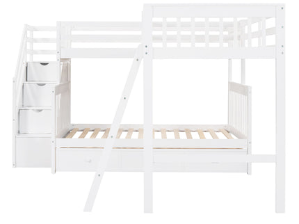 Solid L Shaped Bunk Bed With 3 Drawers, Ladder And Staircase