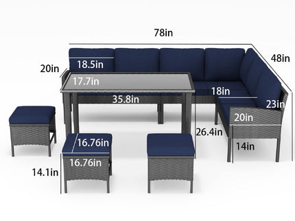 7 Piece Outdoor Furniture Set With Waterproof Cushions, Glass Table, And Space Saving Design - Blue