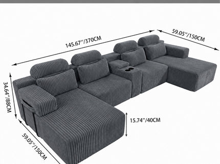 U-Shaped Sectional Sofa With Chaise Lounge And Cup Holders