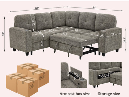 5 Seat Reversible L - Shaped Sleeper Sofa, Pull Out Convertible Sectional Couch With Storage, USB C - Charger, Cup Holders Modular Sofa Bed - Gray
