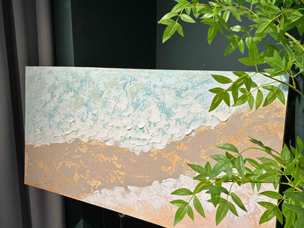 Neutral Beach Landscape Canvas Wall Art, Hand Painted Thick Textured Painting, Decor For Living Room - Beige / Blue
