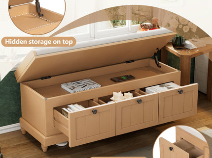 Shoe Bench With Cushion And 3 Drawers - Natural