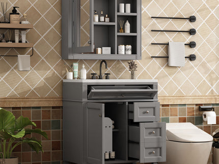 Bathroom Vanity With Top Sink, Freestanding Storage Cabinet With 2 Doors And 3 Drawers, Mirror Cabinet Included - Gray
