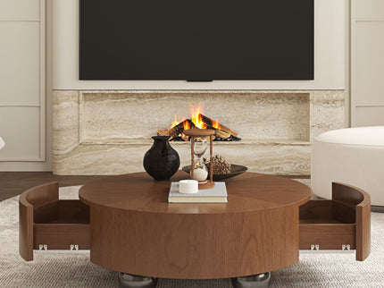 Drum Shaped Coffee Table With Hidden Storage Drawer, Low Profile For Living Room - Walnut