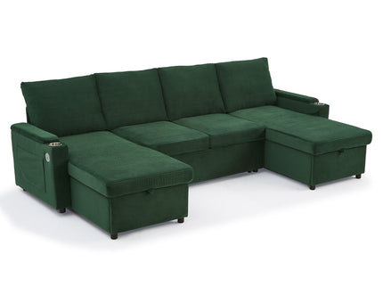 U Shaped Sectional Sofa Bed With Storage Chaise Lounges, USB Ports, And Cup Holders
