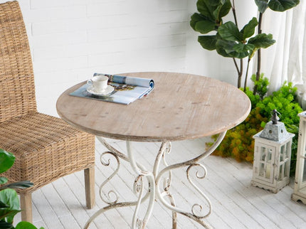 Round Wooden Table With Metal Scrollwork Legs - White Washed