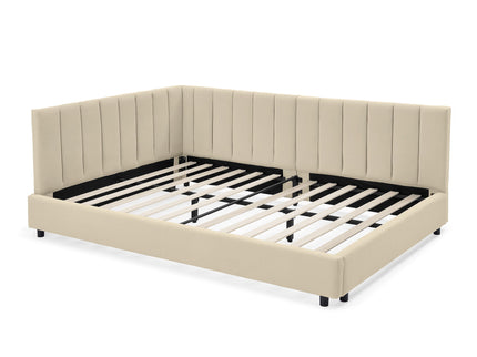 Mid-Century Upholstered Tufted Bed Frame With Backrest And Armrests