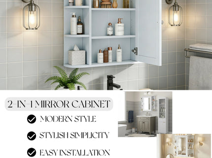 Bathroom Wall Storage Cabinet With Mirror And Adjustable Shelf, 6 Open Shelves