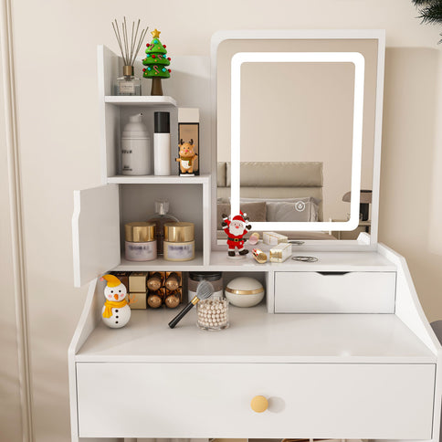 3 Color LED Vanity Mirror With Stool, 2 Drawers & 5 Storage Cabinets, Adjustable Lighting - White
