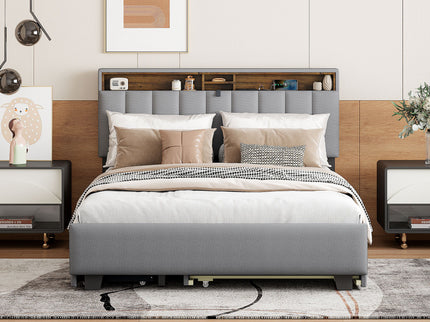 Upholstered Platform Bed With Storage Headboard, Trundle & 2 Drawers And A Set Of Sockets & USB Ports
