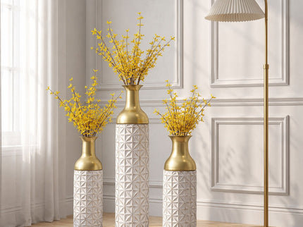 Tall Textured Geometric Decorative Floor Vases Home Decor (Set of 3) - White / Gold