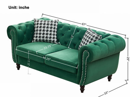 Chesterfield Fabric Sofa With Roll Armrest And Nailhead, Mid Century 2 Seater Couch