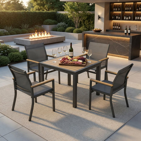 Gray Aluminum Patio Dining Set With Textilene Chairs, 5 Piece All Weather Outdoor Table And Chair Set For Patio, Porch, Garden