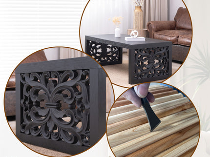 Rustic Carved Wood Coffee Table, Handcrafted Look With Ornate Side Panels