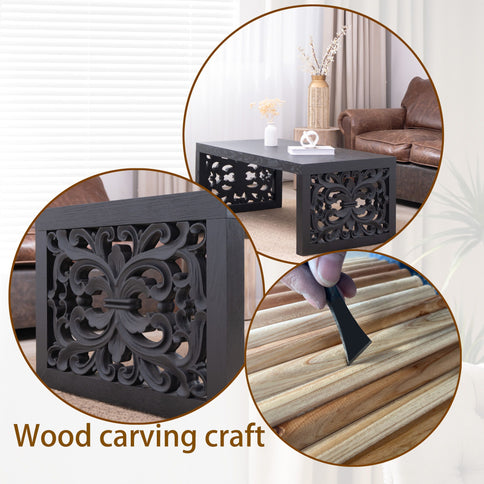 Rustic Carved Wood Coffee Table, Handcrafted Look With Ornate Side Panels