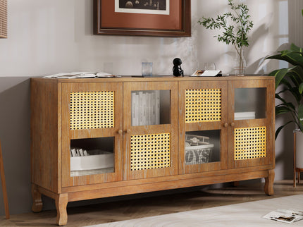 Retro Industrial 4 Door Sideboard With Large Storage, Rattan And Glass Doors