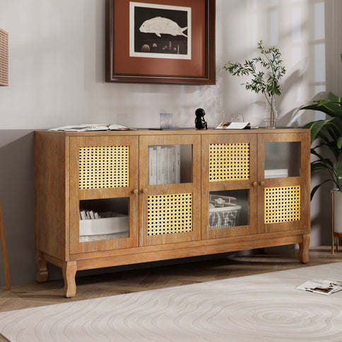 Retro Industrial 4 Door Sideboard With Large Storage, Rattan And Glass Doors