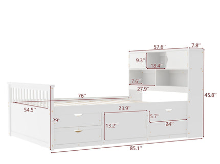 Captain Platform Bed Frame With Bookcase Headboard, 4 Drawers, Storage Shelves