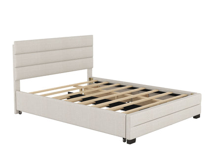 Queen Platform Bed With Twin Trundle And 2 Storage Drawers - Beige