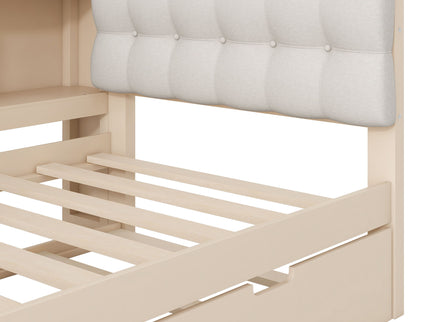 Upholstered Headboard Platform Bed With Storage Shelves, Trundle, Charging Station