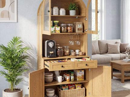 Tall Arched Pantry Cabinet With Charging Station, Adjustable Shelves, Coffee Bar