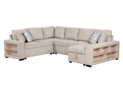 U-Shaped Sectional Sofa Pull-Out Sofa Bed With Two USB Ports, A Storage Chaise Lounge And Four Back Pillows For Living Room