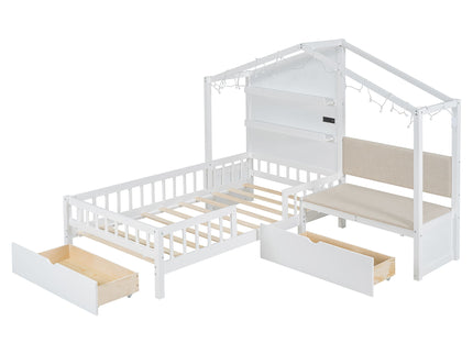 House Bed With Upholstered Sofa, Wireless Charging Station, Shelves And 2 Drawers